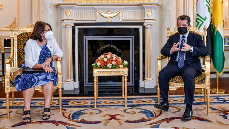 Kurdistan Region Prime Minister, Masrour Barzani (Right) with Marina Sereni, Italian Deputy Minister of Foreign Affairs and International Cooperation, June. 4, 2022. (Photo: KRG)